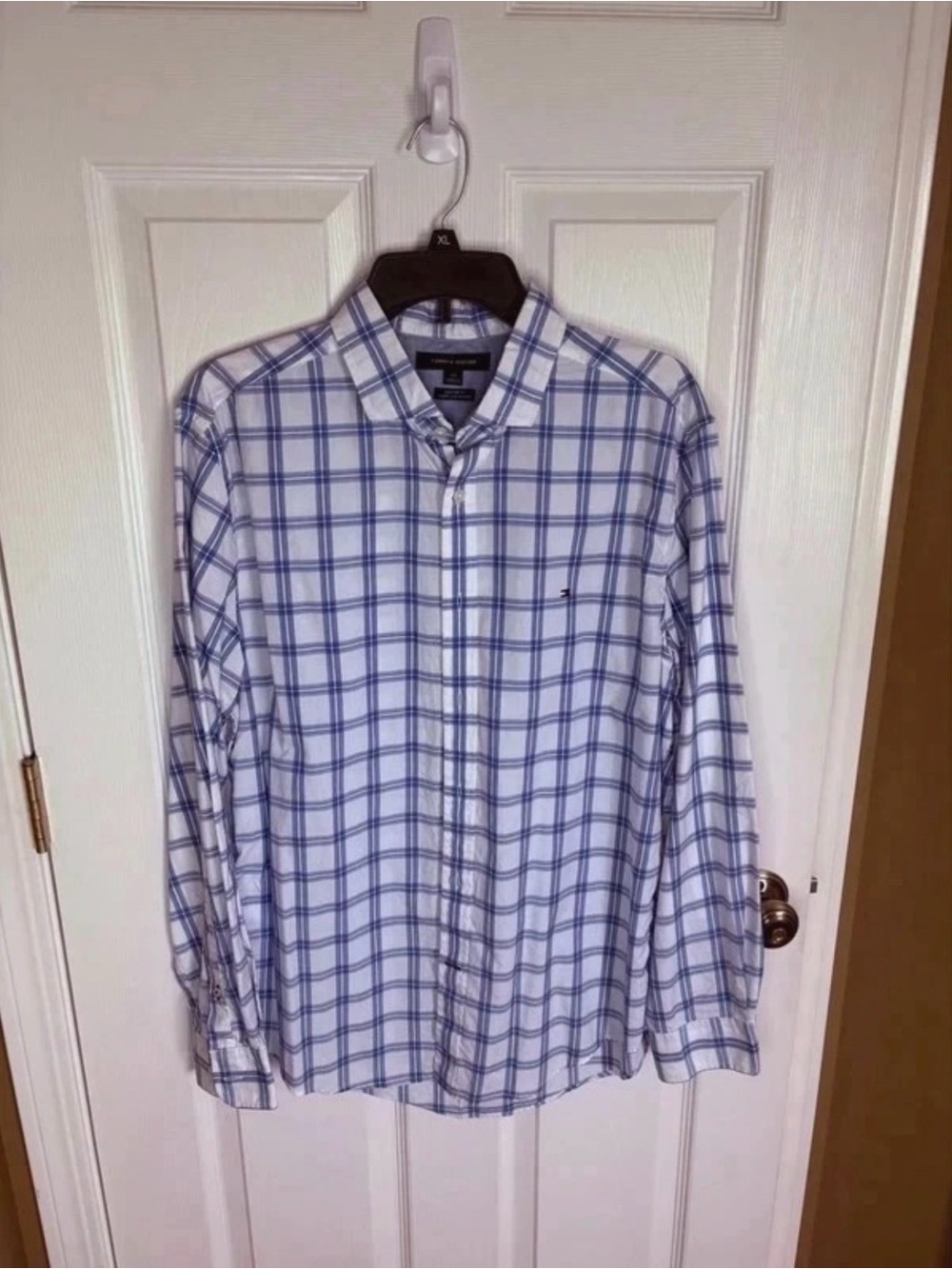 Tommy Hilfiger White Button-Down Shirt with Blue Plaid Custom Fit
